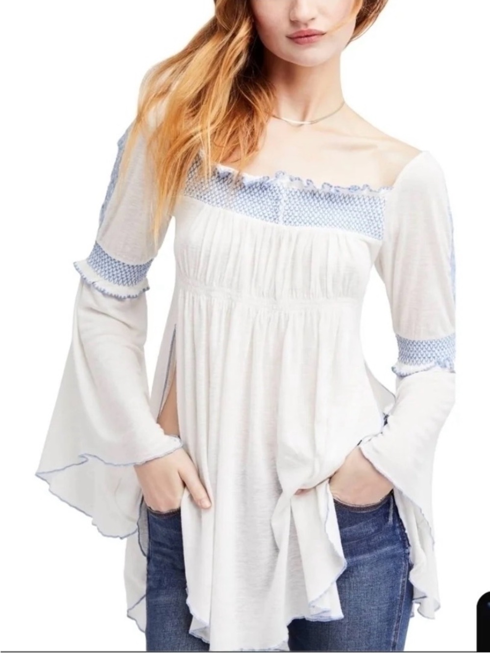 Free People Boho Peasant White and Blue Embroidered Trumpet Sleeves Top Large
